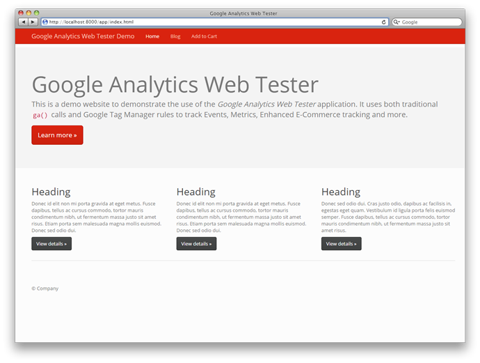 Google Analytics Web Tester - Homepage Screenshot